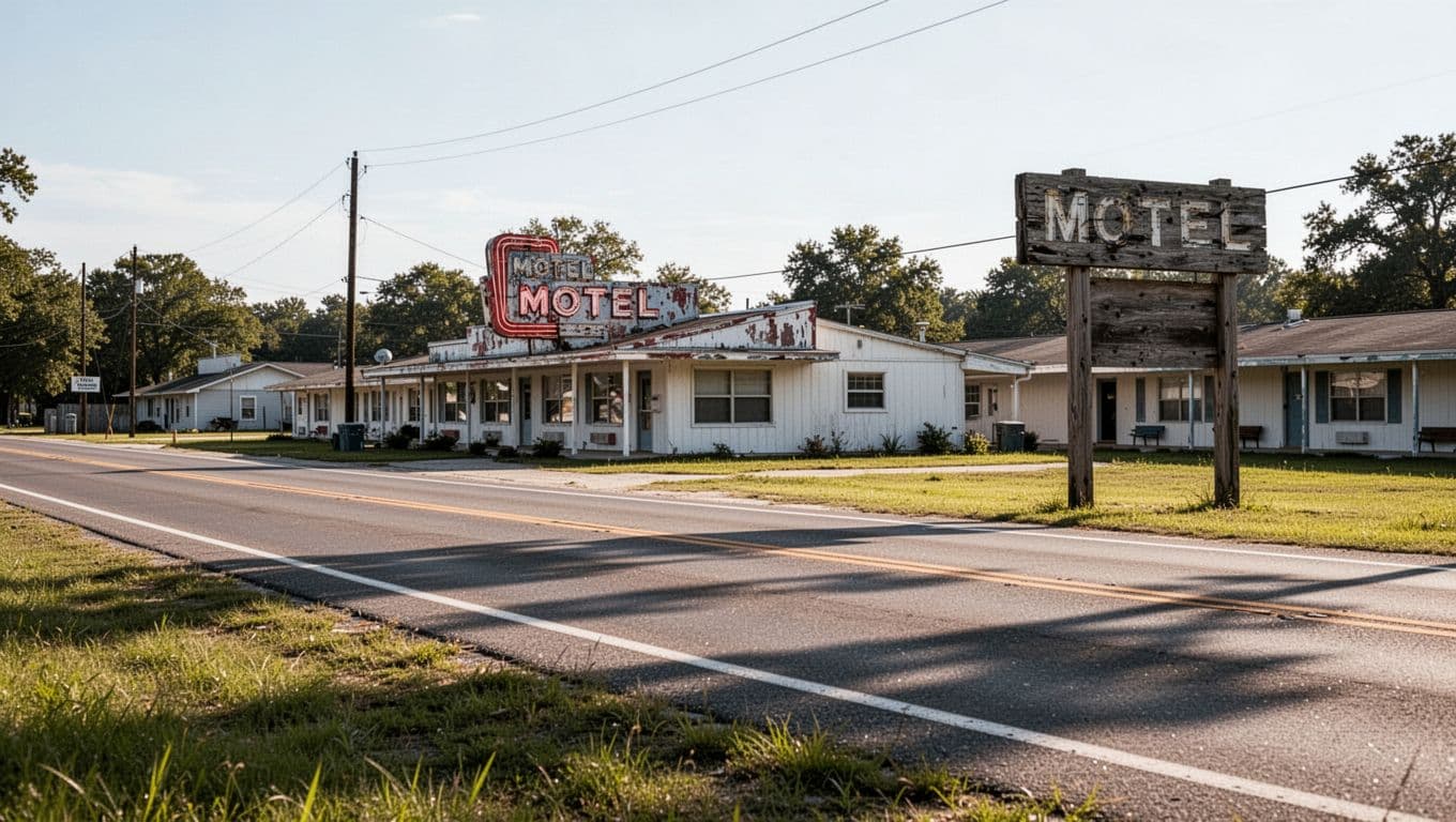 A retro motel sign beside a quiet highway and open countryside.