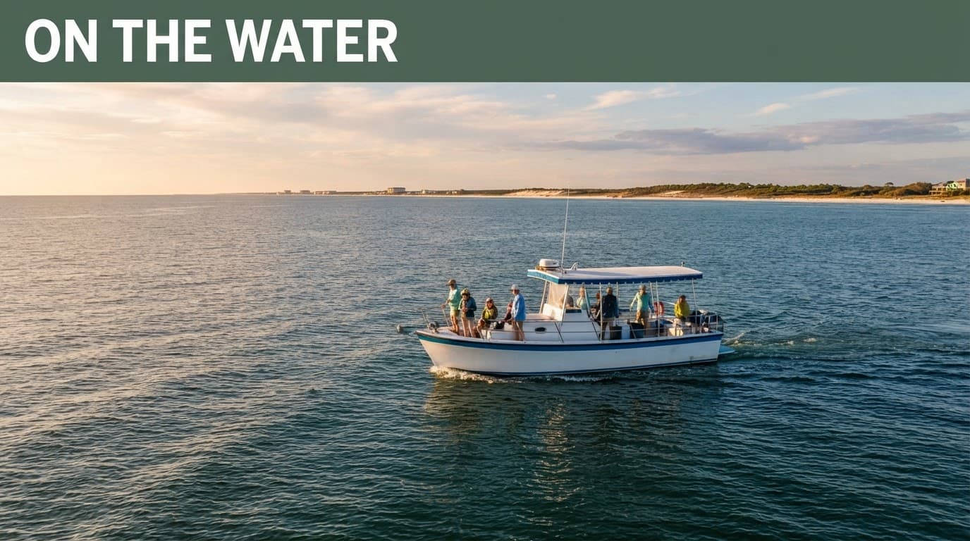 A small dolphin tour boat crosses calm Gulf water near Orange Beach.