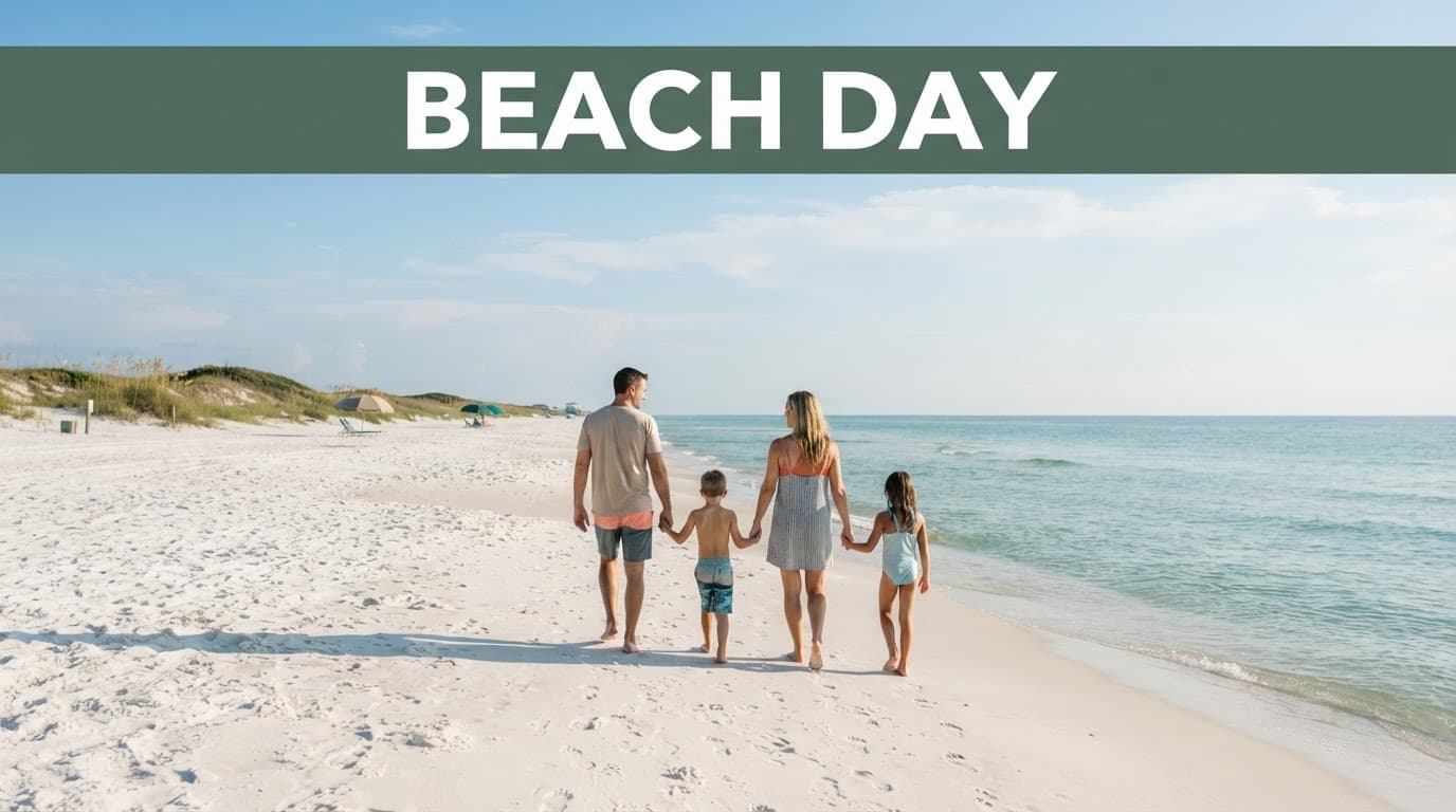 A family of four walks toward calm turquoise water on a wide white-sand beach.