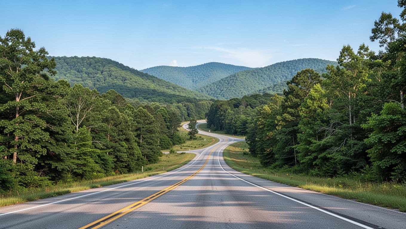 A winding highway through green Arkansas mountains beneath a clear sky.