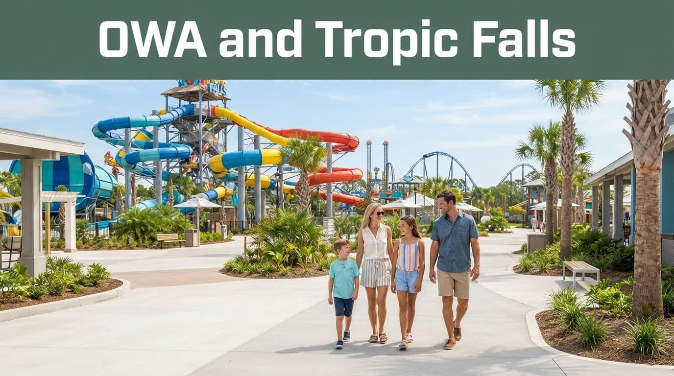 Two adults and two children stand near colorful water slides at an outdoor family park.