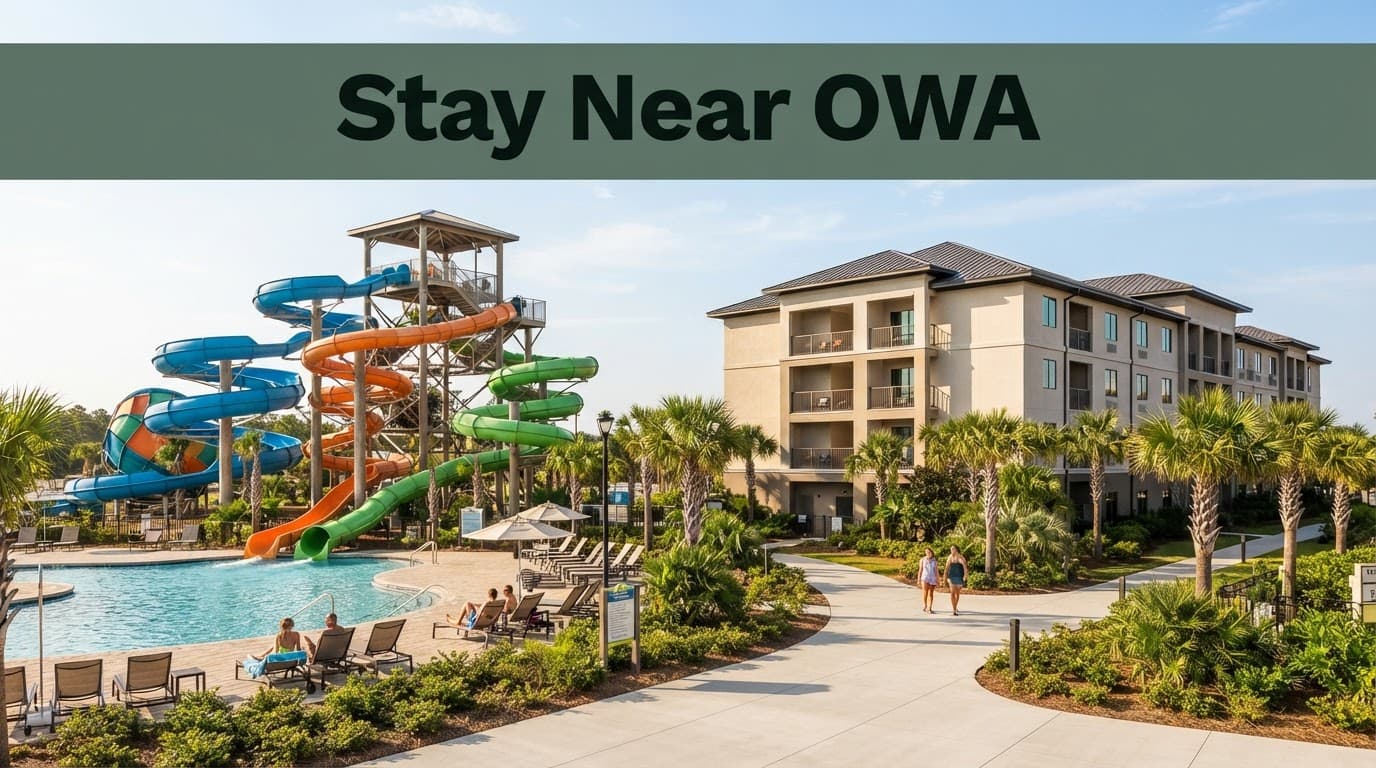 A tropical water slide tower and hotel stand beyond palm-lined walkways, with four distant people.