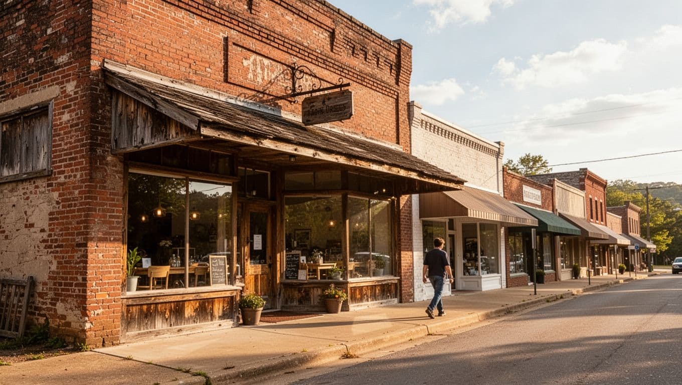 A brick cafe storefront with one person walking beneath an Ozark Dining banner.