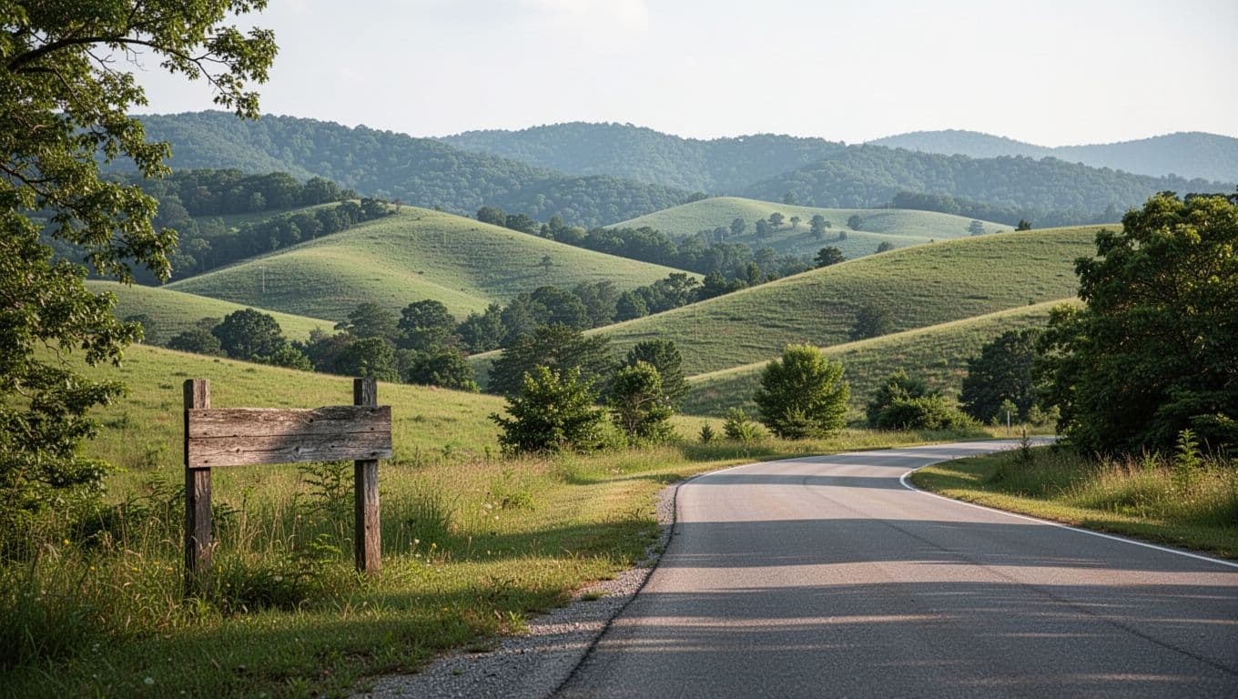 A country road winds through green Ozark hills beside a wooden restaurant sign.