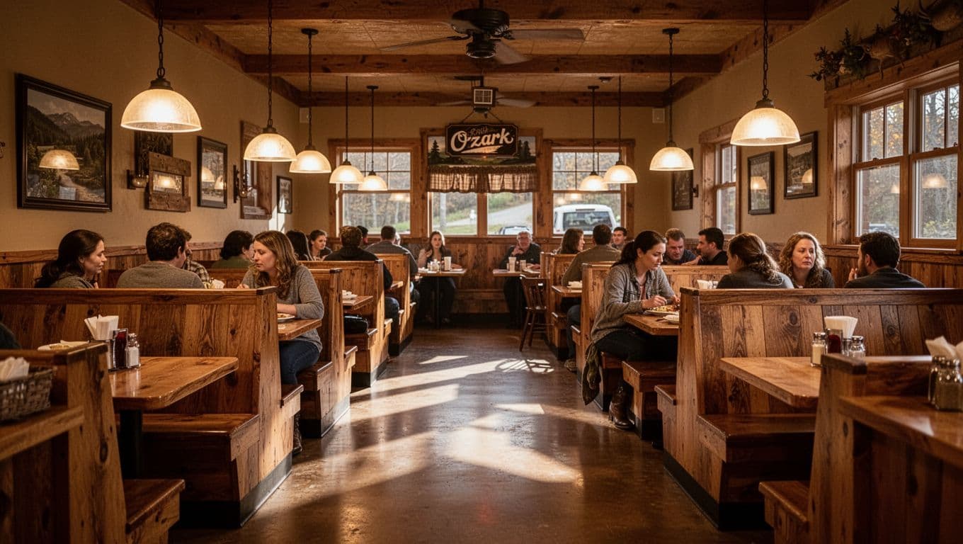 Cozy Ozark restaurant with wooden booths and warm lighting.