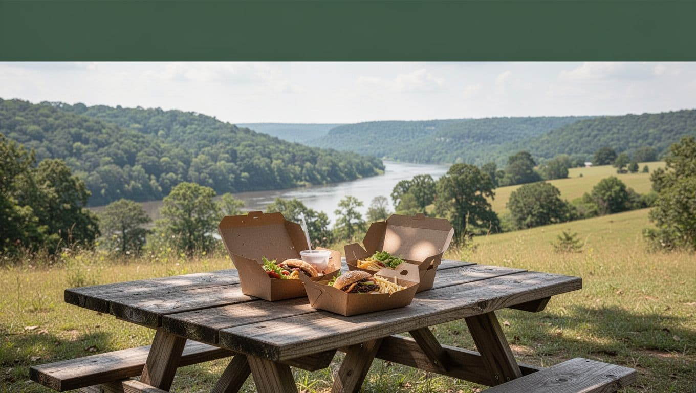 A takeout meal on a picnic table overlooks wooded Ozark hills beneath a green headline banner.