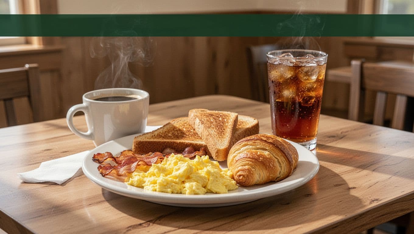 Country breakfast, pastry, coffee, and iced tea on a wooden cafe table.