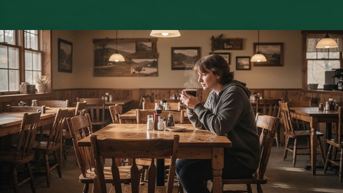 One person drinks coffee at a wooden table in a warmly lit Ozarks cafe.