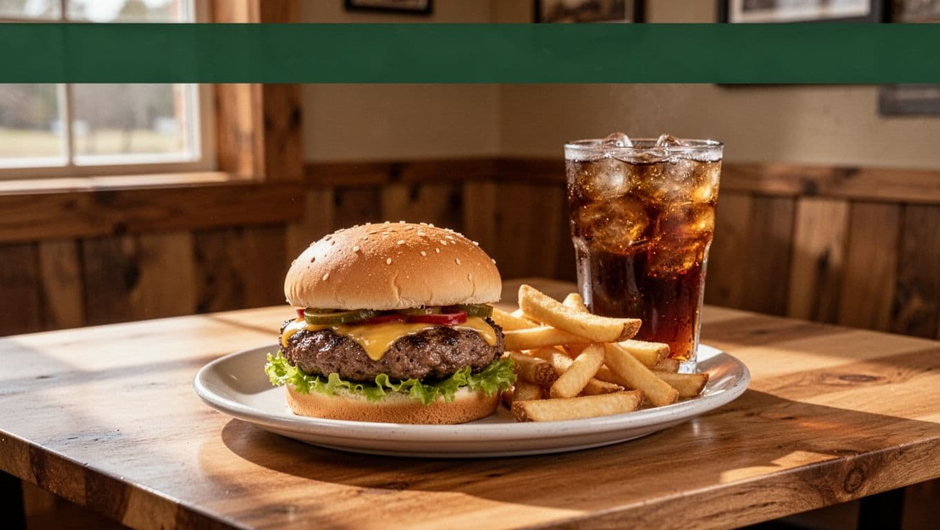 A burger, fries, and iced tea on a wooden table beneath a green headline band.