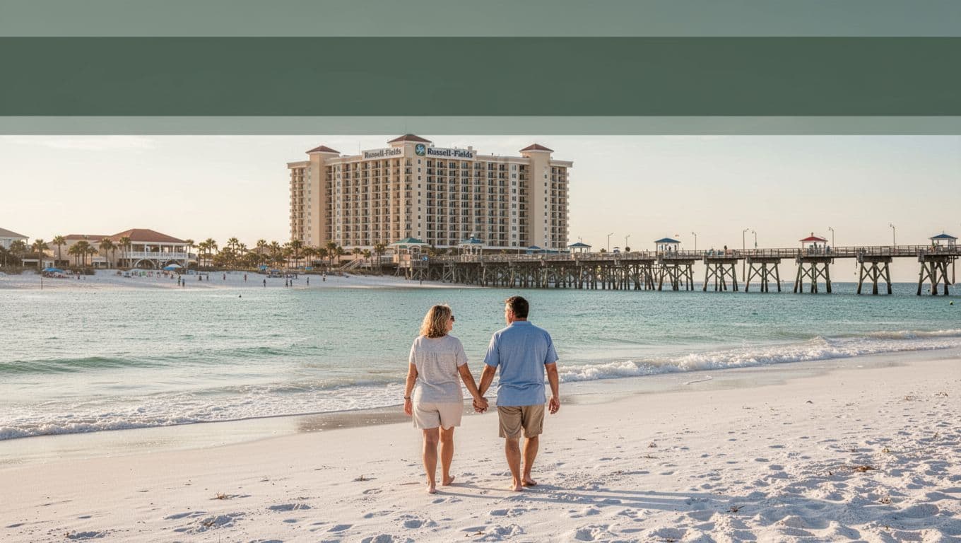 A couple walks on a beach toward a hotel and pier in Panama City Beach.