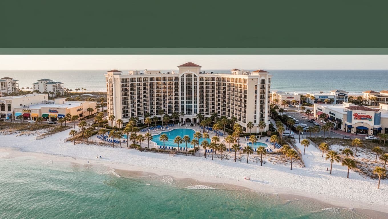A beachfront resort with pools, palms, white sand, and turquoise water.