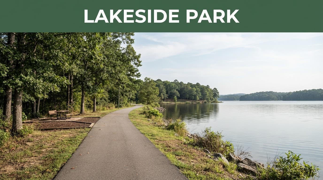 Empty walking path beside calm lake water and mature trees.