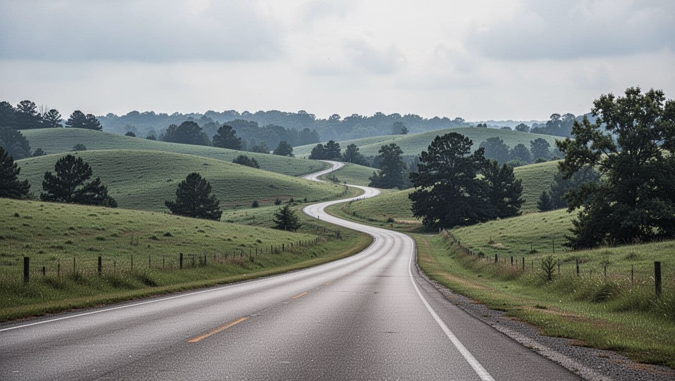 Rolling hills and a country road beneath a green County Flavors banner.