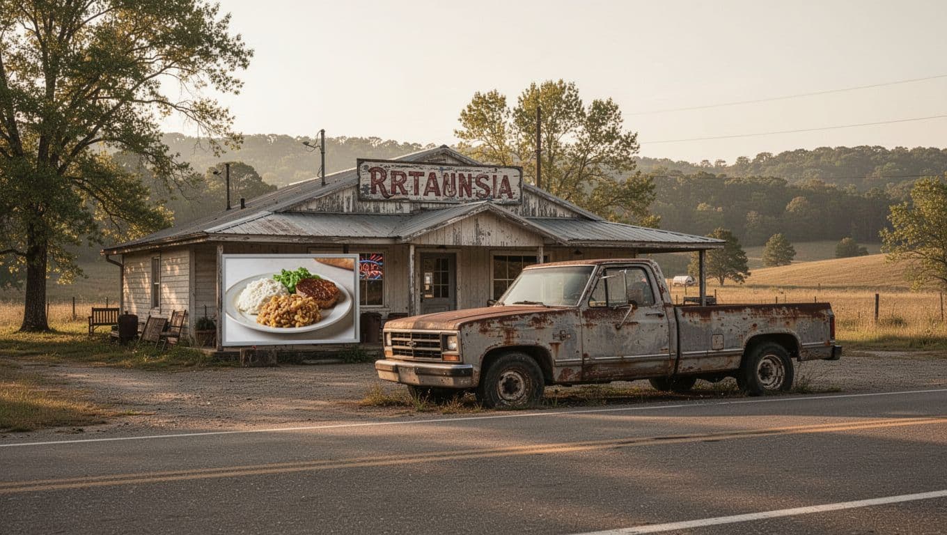 A pickup truck outside a small Arkansas restaurant with food visible through the window.