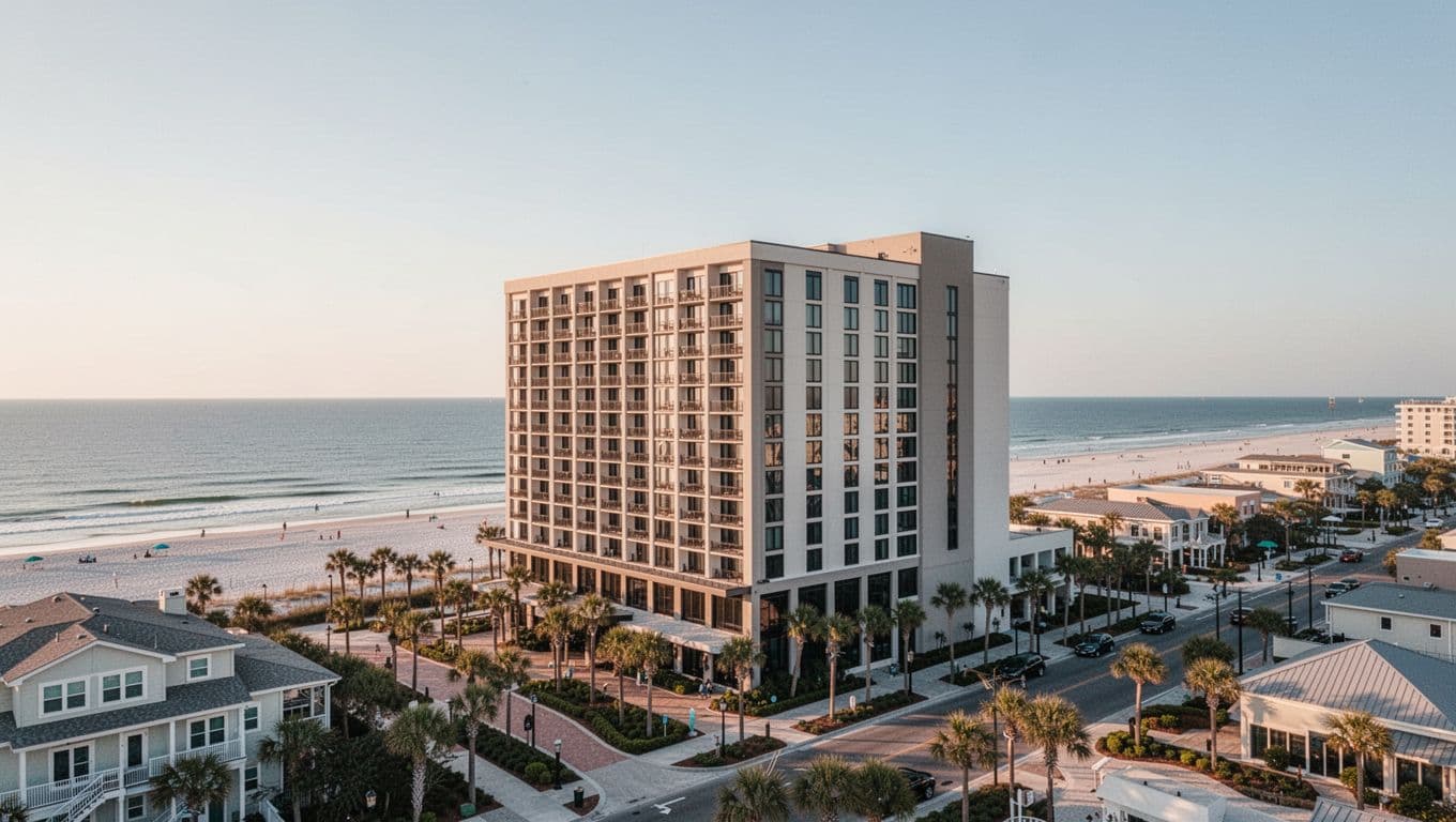 A modern hotel near palm-lined streets with the Gulf shoreline in the distance.