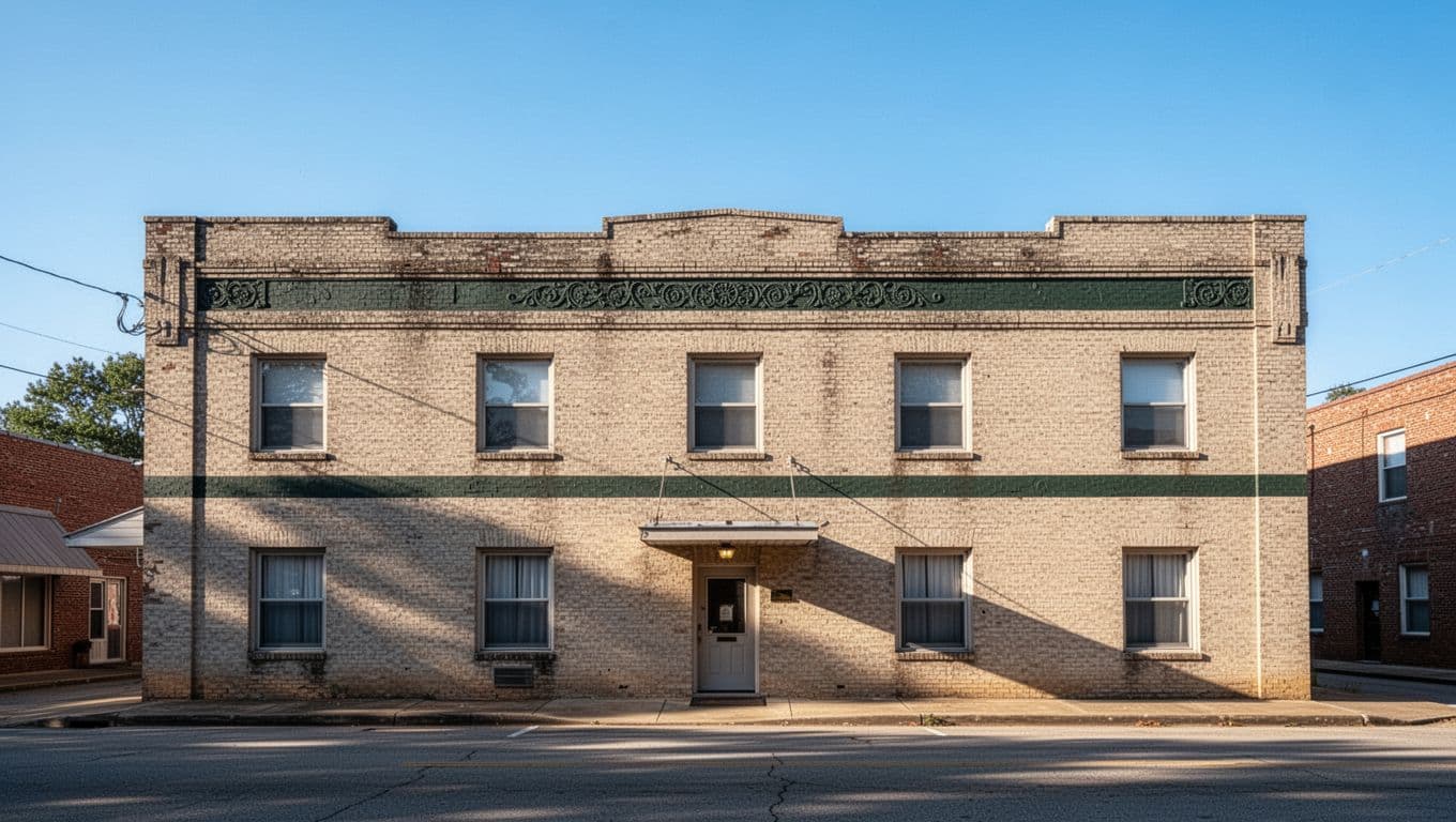 Low-rise budget hotel with a green header band under a bright blue sky.