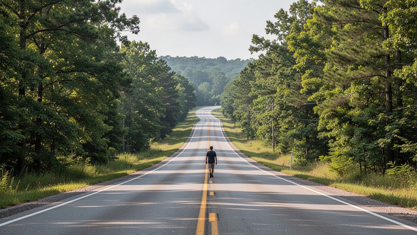 A green banner tops a rural Arkansas highway with trees and one person.