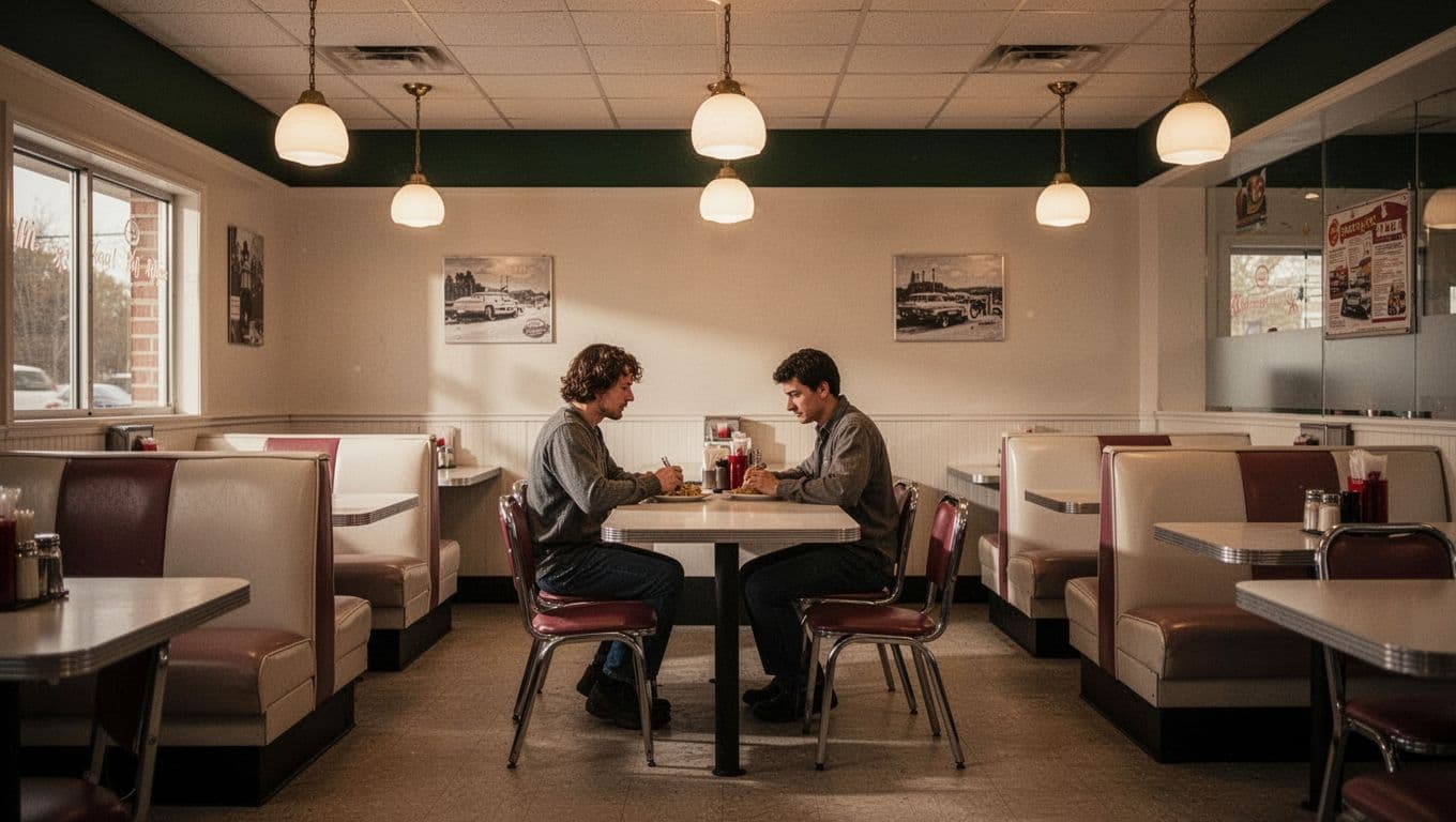 A warm Portia diner with a counter, booths, and one person.