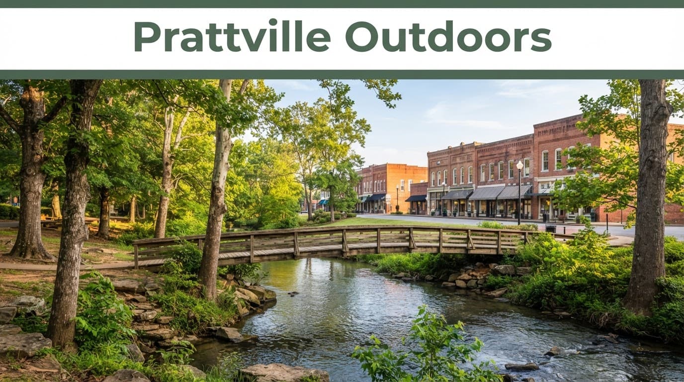 A wooden bridge crosses a leafy creek near historic brick buildings in Prattville.
