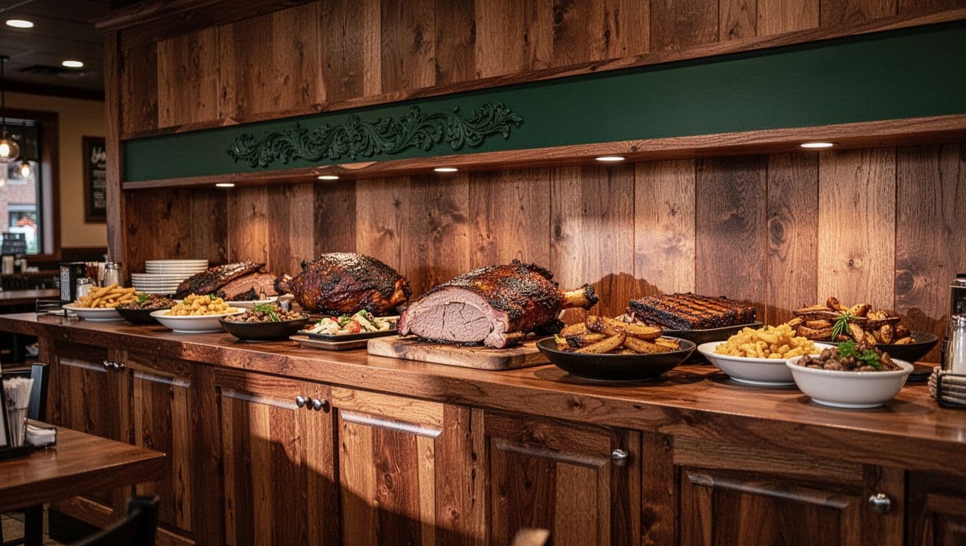 Wood-paneled barbecue counter with warm lighting and a dark-green Pulaski Eats banner.