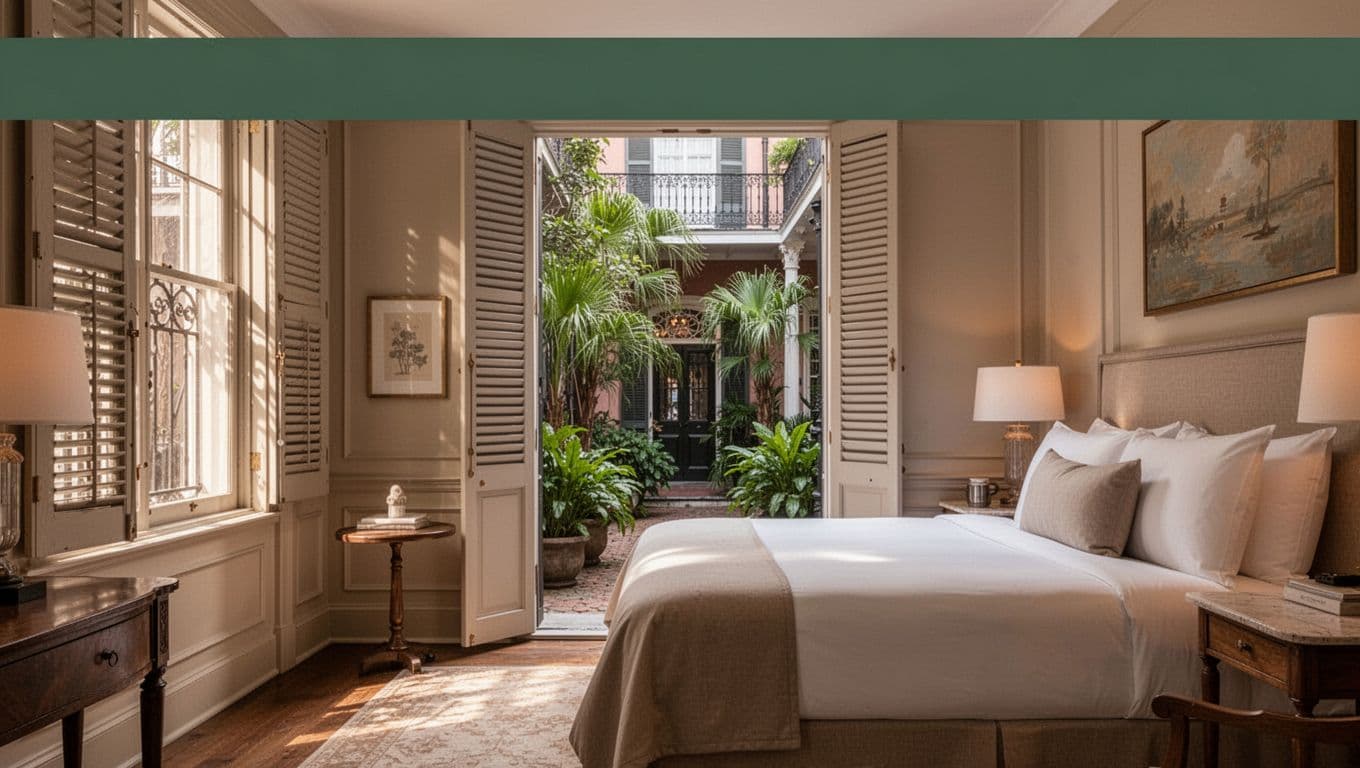 A tidy hotel room with one bed, a small table, and a leafy courtyard view.