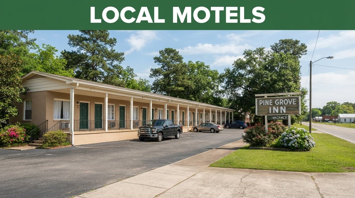 A modest roadside motel with a green LOCAL MOTELS banner in a quiet southern town.