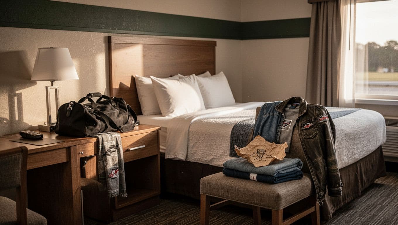 A neat hotel bed with a duffel bag and folded jacket in warm morning light.