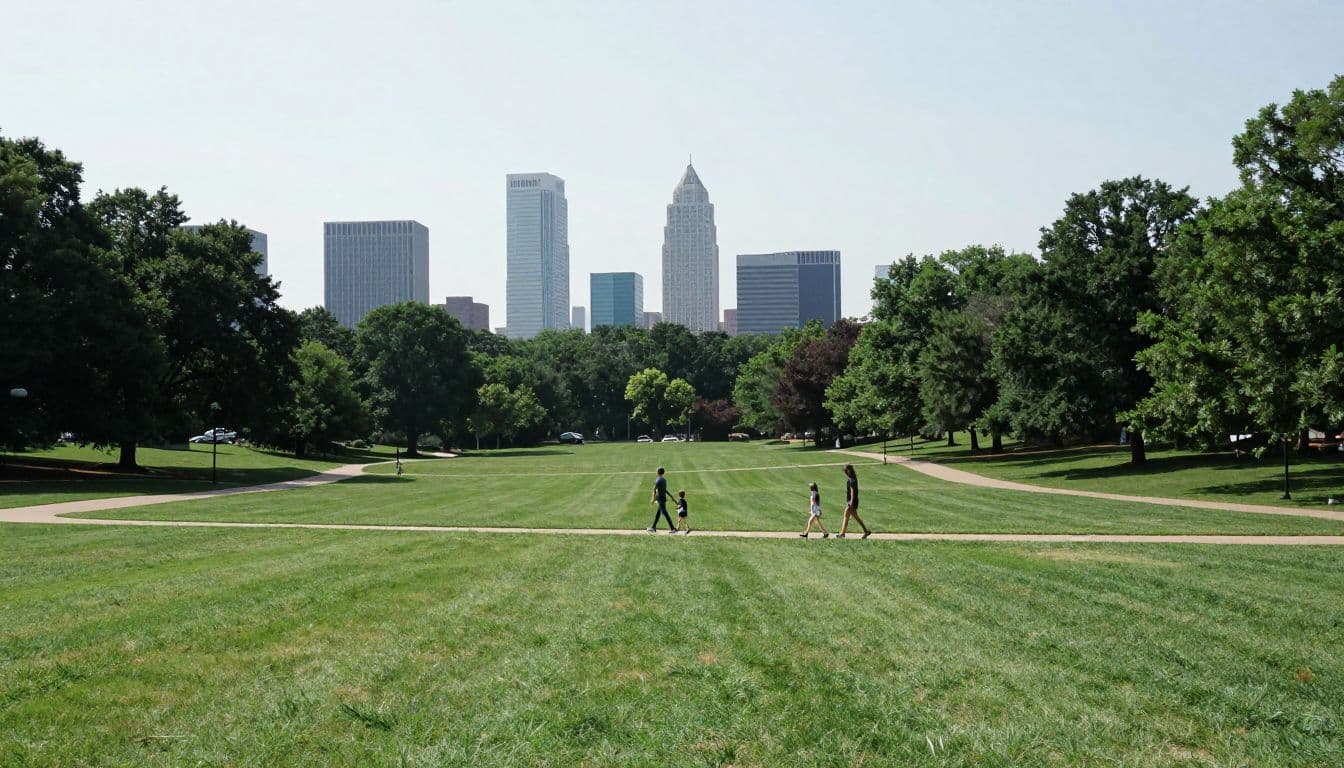An adult and two children walking across a green downtown park with trees and a distant skyline.