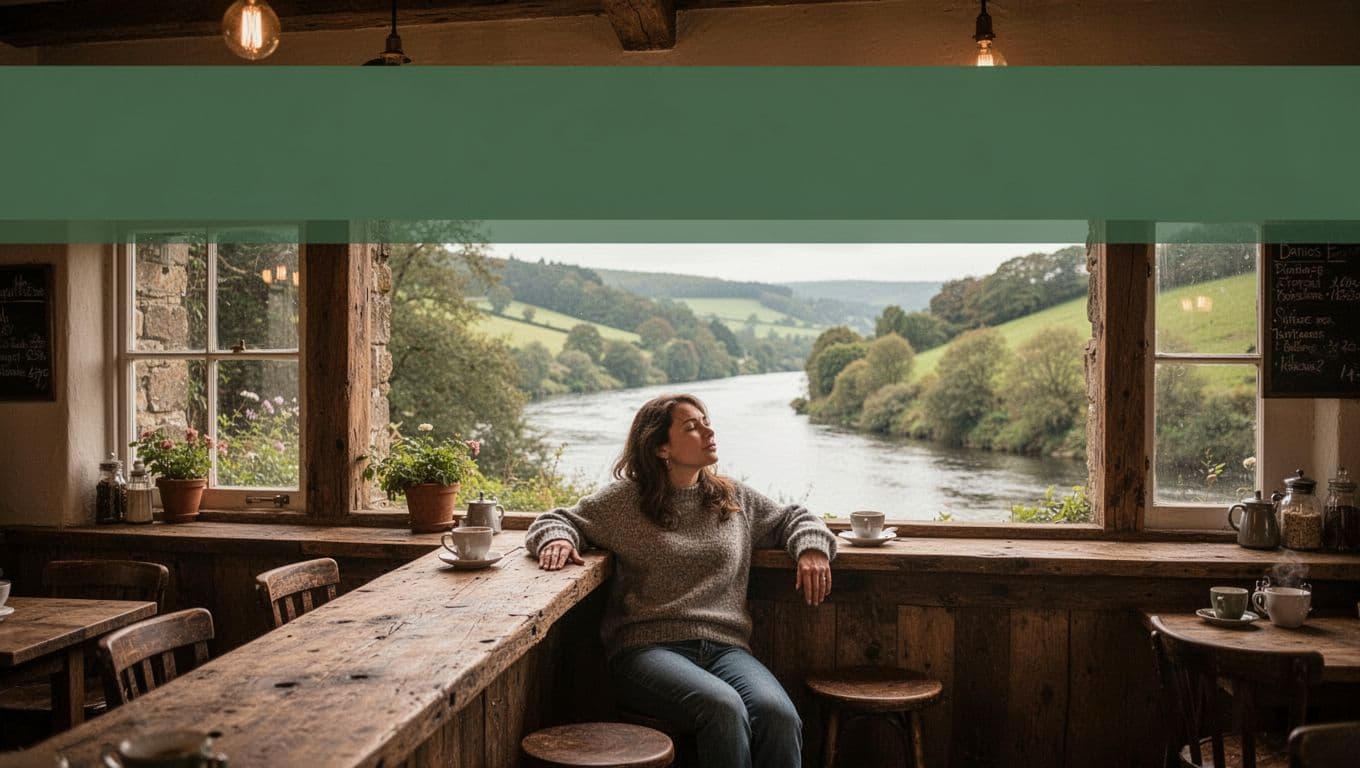 A rustic cafe counter overlooks a river valley with one partially hidden person.