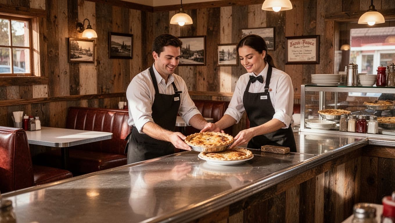 A server stands behind a rustic diner counter beside a display of fresh pie.