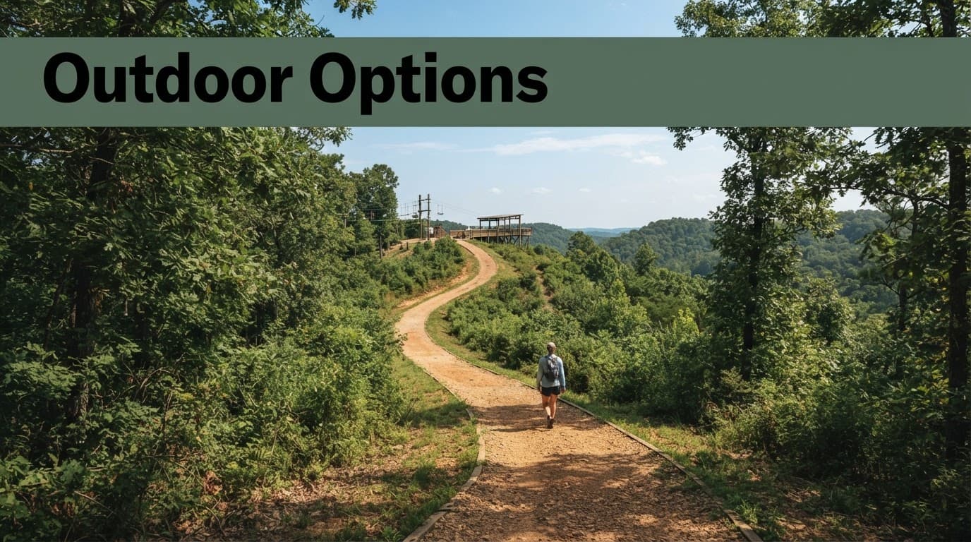 A wooded trail leads to an overlook and distant adventure area at Red Mountain Park.