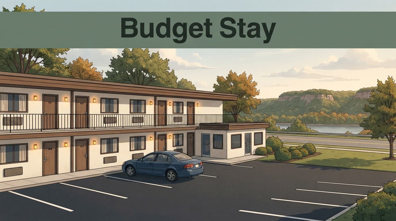 A budget motel with one car, a green headline band, and wooded bluffs.