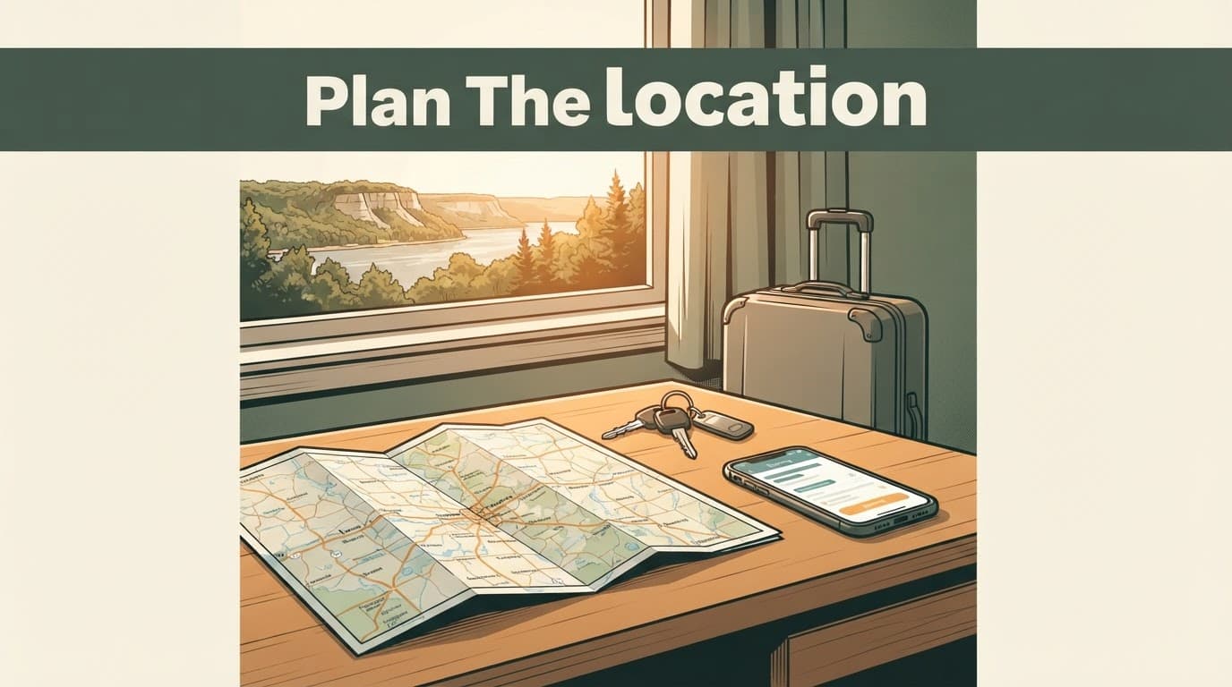 A road map, keys, suitcase, and phone sit on a desk beside a window with river bluffs.