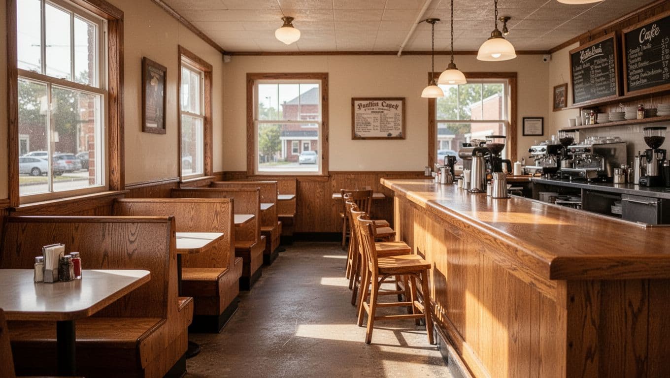 A small-town cafe with wooden booths, a counter, and a green Regional Flavors banner.
