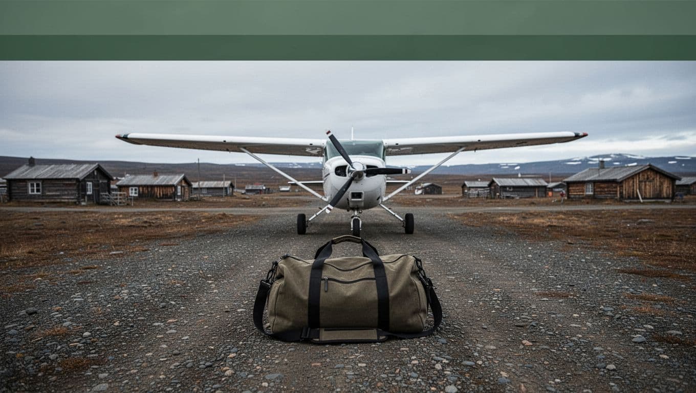 A duffel bag sits beside a small plane on a gravel airstrip with tundra and village buildings behind it.