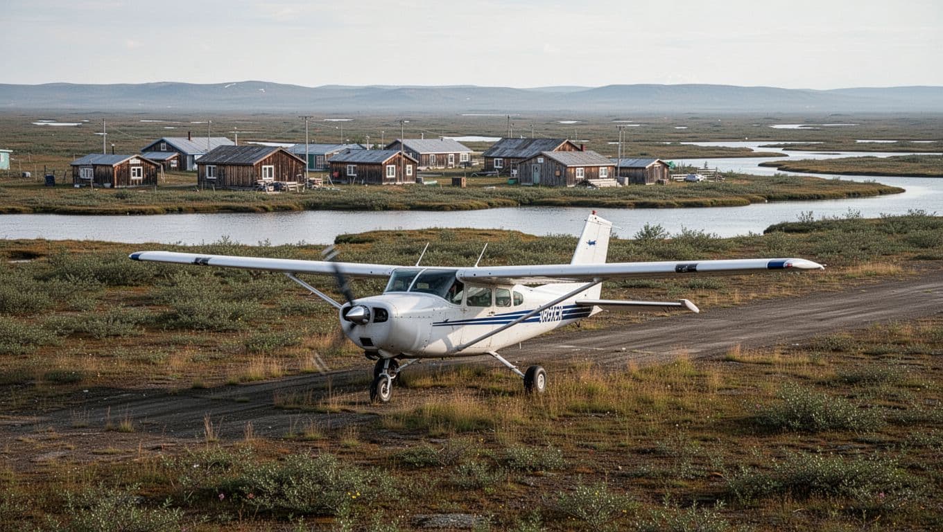 A bush plane sits beside a remote airstrip near flat Alaskan wetlands.