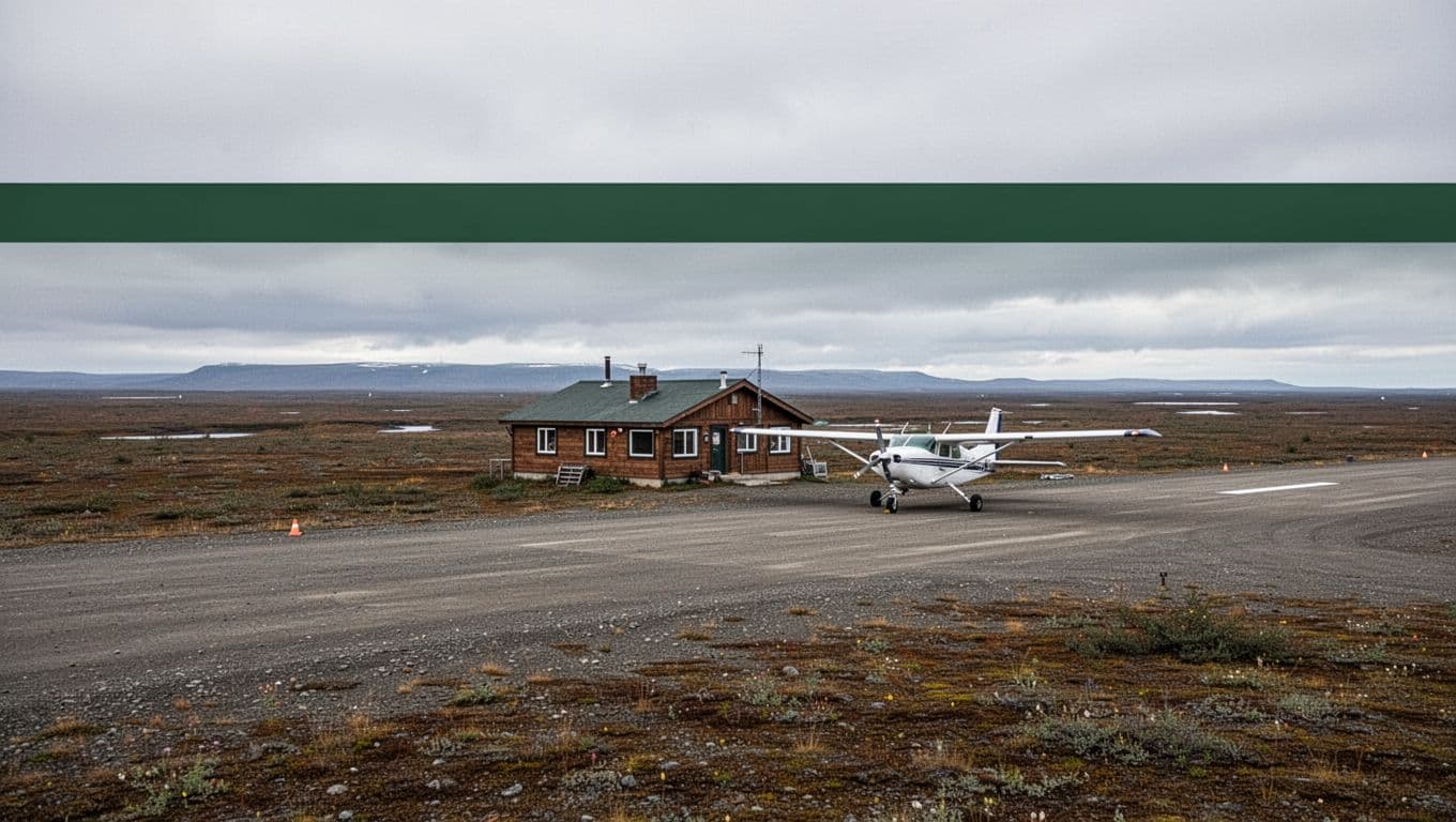 A small cabin and bush plane sit beside a gravel airstrip on Arctic tundra.