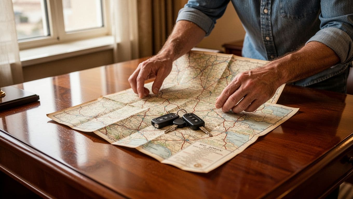 A road map and car keys sit on a wooden hotel desk beneath a ROAD TRIP headline.