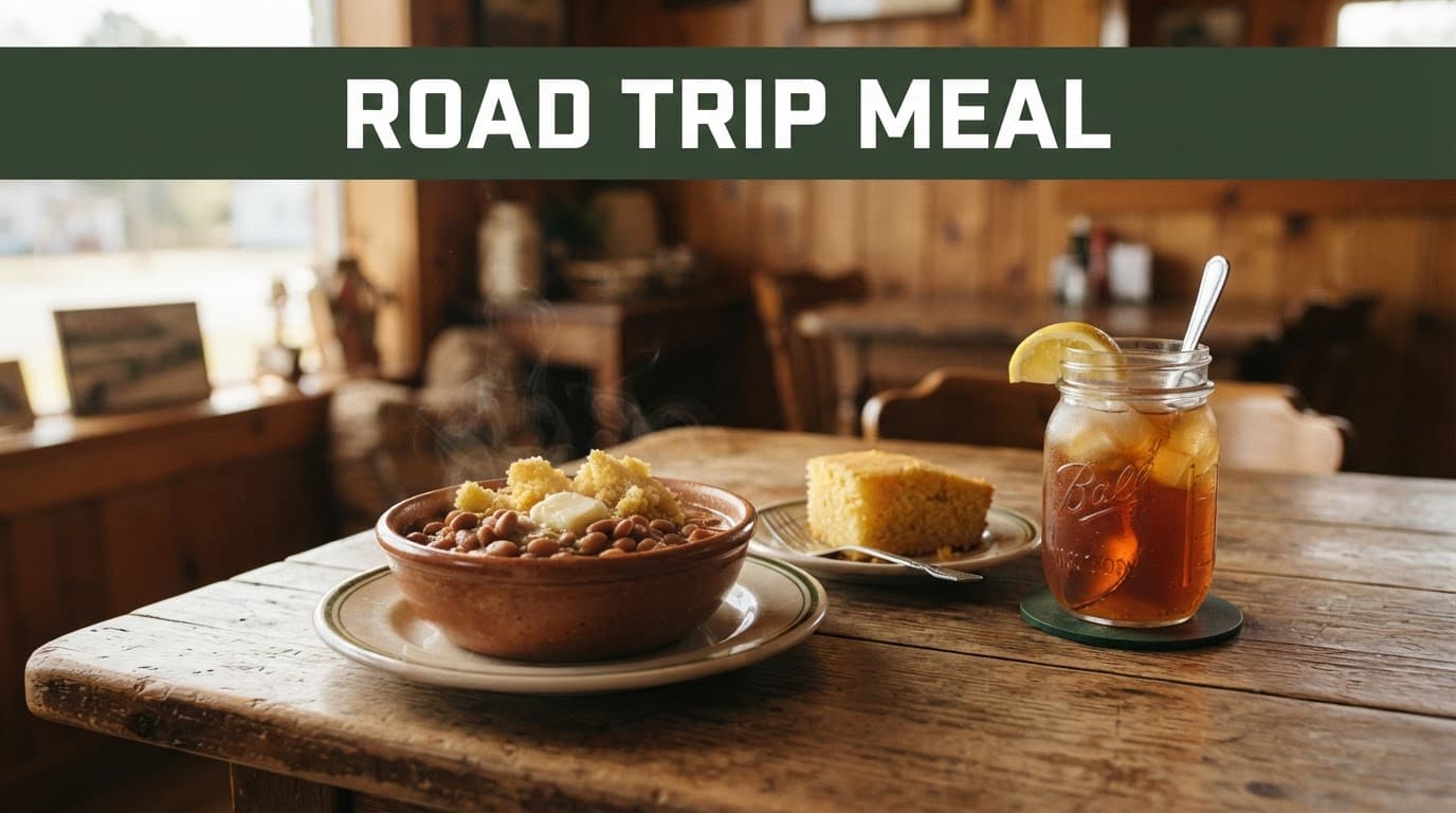 Beans, cornbread, and iced tea sit on a rustic table in a warm rural dining room.