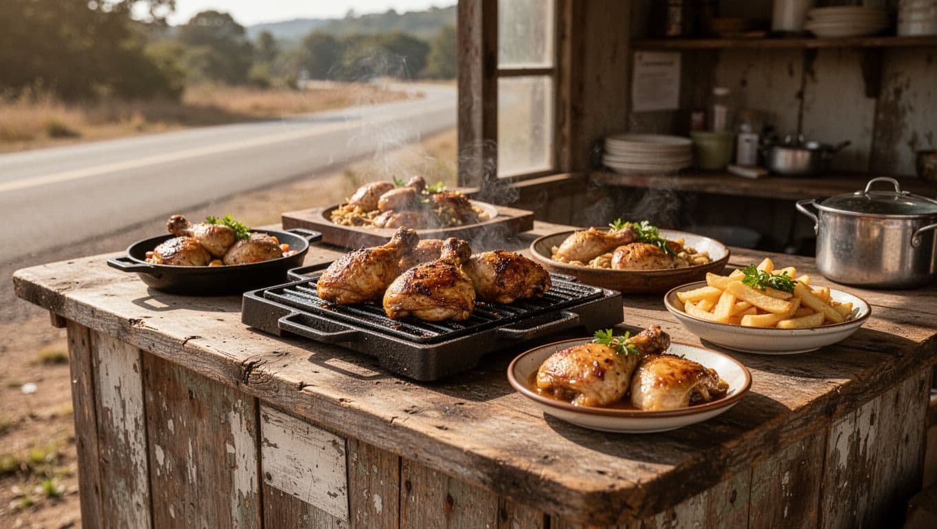 Rustic roadside counter with chicken and comfort food under a Fresh Options banner.