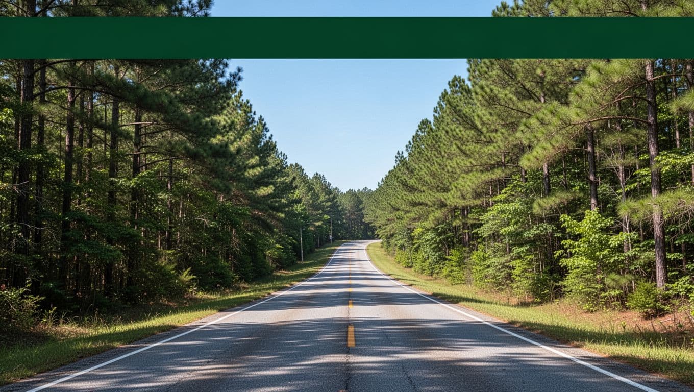 A winding highway passes through sunlit pine forests beneath a dark-green header.