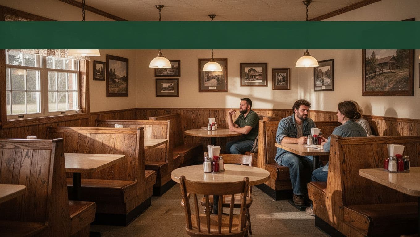 Cozy Rose Bud diner with wooden booths, warm lights, and a Local Diner headline.