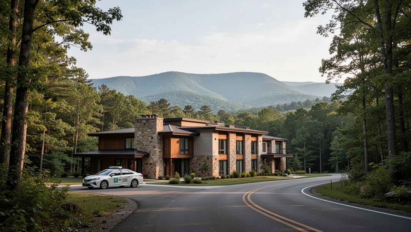 A small hotel and rental car beside a wooded road near Ruby Falls.