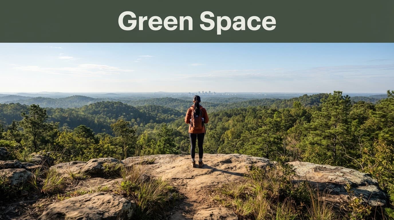 A lone hiker overlooks Birmingham from a rocky wooded ridge.