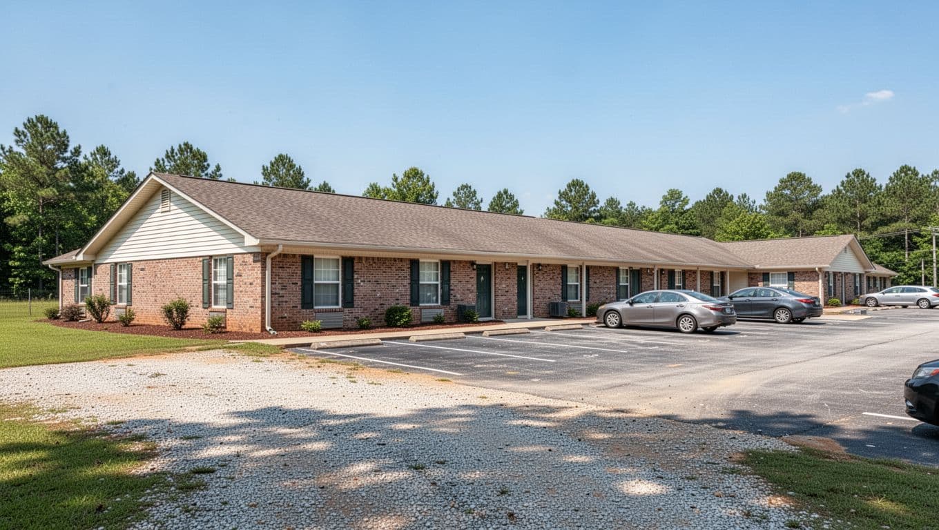 A small roadside motel with brick walls, parked cars, and a clear sky.
