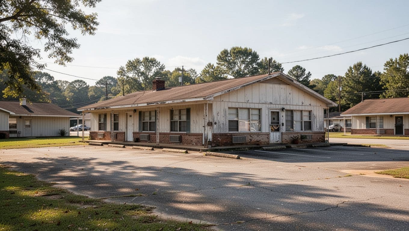 A simple roadside motel with parking in a sunny rural Alabama town.