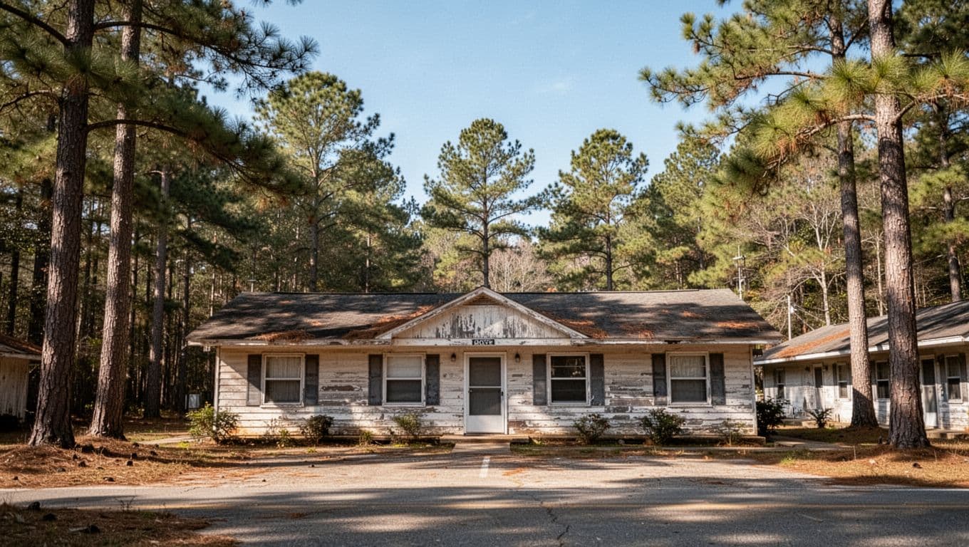 A rural Alabama motel among pine trees with a green Rockville Stay banner.