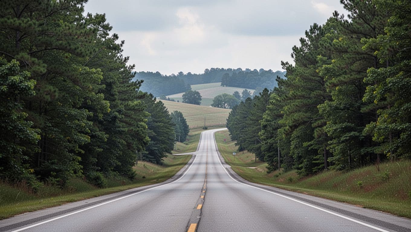 A quiet highway curves through green, tree-covered hills in rural Alabama.