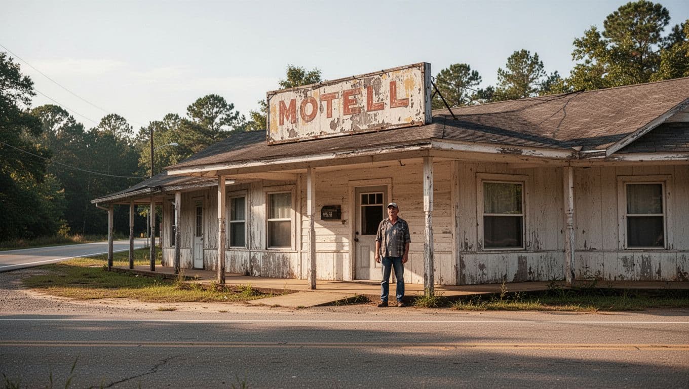 Rural motel exterior with one person and a dark-green BUDGET STAY banner.