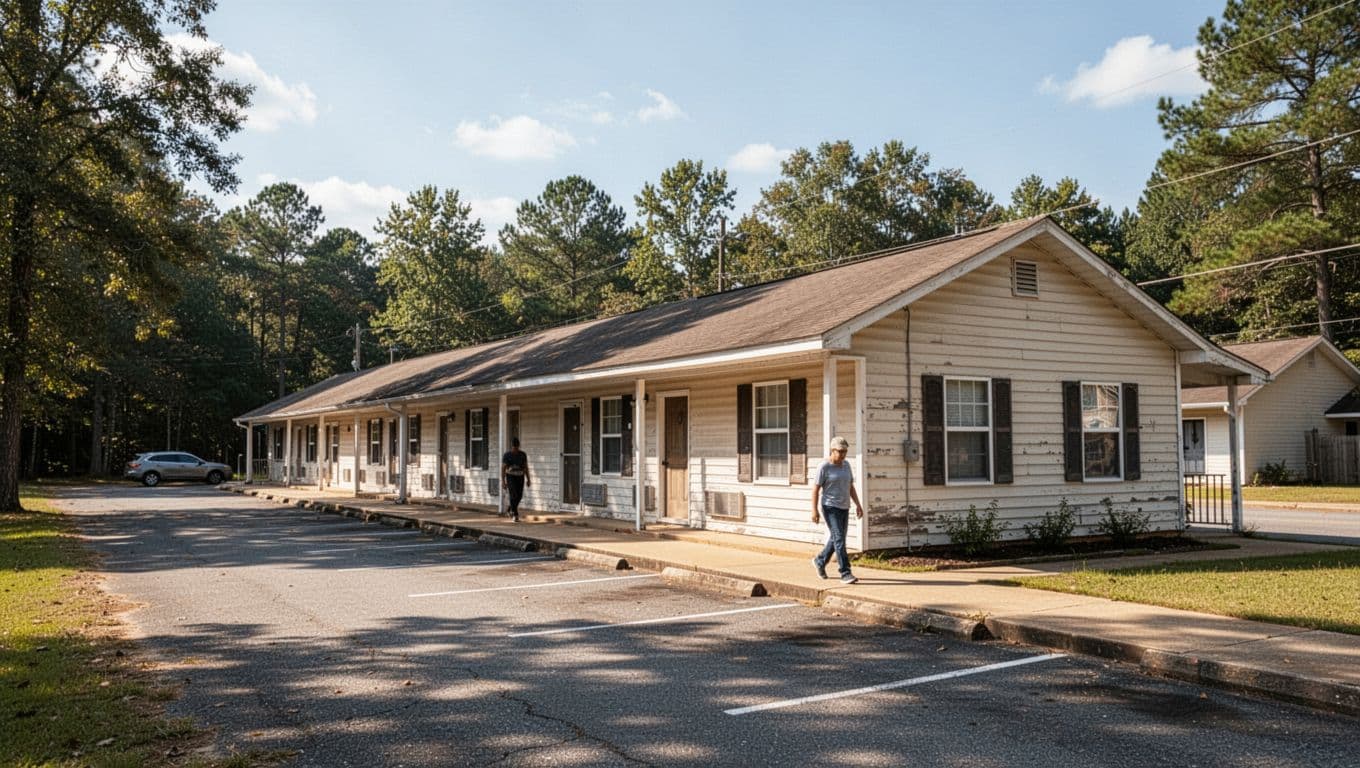 A small Alabama motel with parking spaces and one person walking beside the sidewalk.